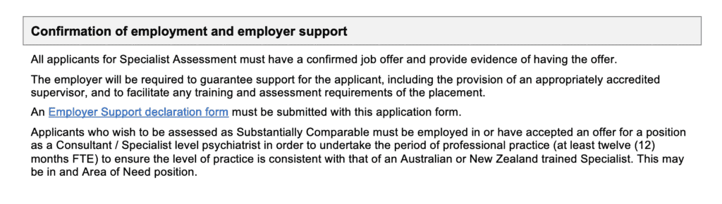 RANZCP assessment requires a job offer